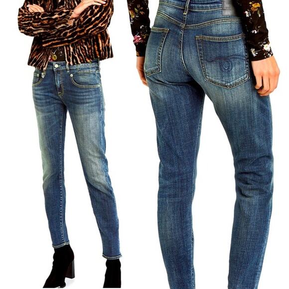 R13 Boy Mid Rise Whiskered 5 Pocket Denim Skinny Jeans Blue Women's Size W26 - Picture 1 of 9